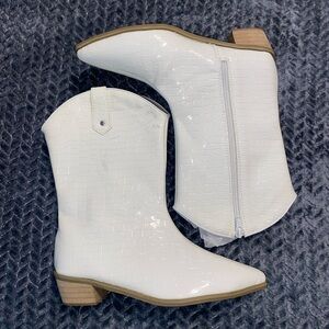 White Croc-Embossed Ankle Boots